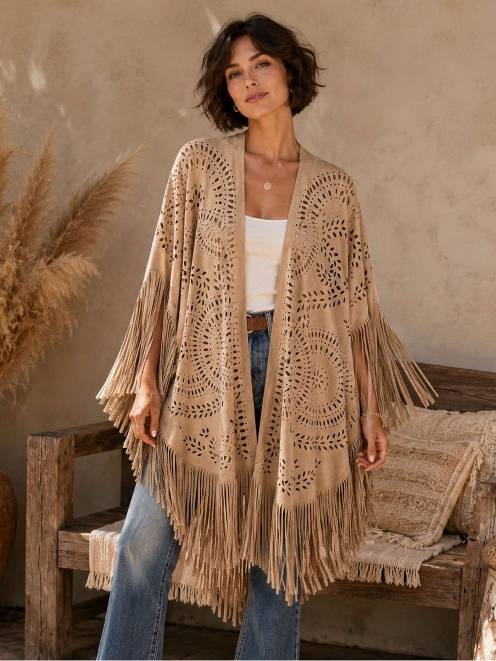 Choles Faux Suede Kimono Cardigan - Fringe - Boho Western Duster - Preloved